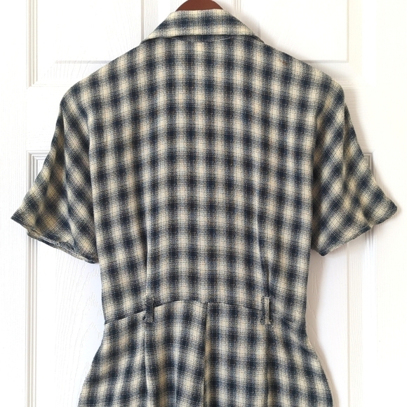 Be Smart 80's Vintage Classic Plaid Short Sleeve Wide Leg Romper Navy Cream 3/4 - Picture 14 of 16